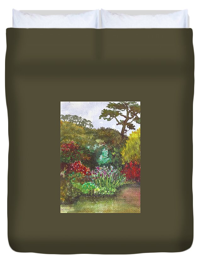 Trees Duvet Cover featuring the mixed media Lily Pond by Karen Coggeshall