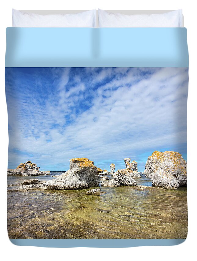 Sea Duvet Cover featuring the photograph Limestone formations in Gotland, Sweden by GoodMood Art