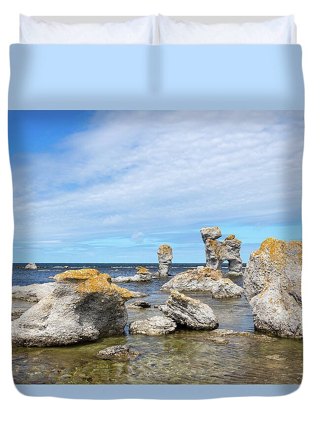Sea Duvet Cover featuring the photograph Limestone formations on the Swedish coastline by GoodMood Art