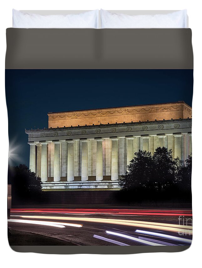 Architecture Duvet Cover featuring the photograph Lincoln Memorial and Car Light Trails by Jerry Fornarotto
