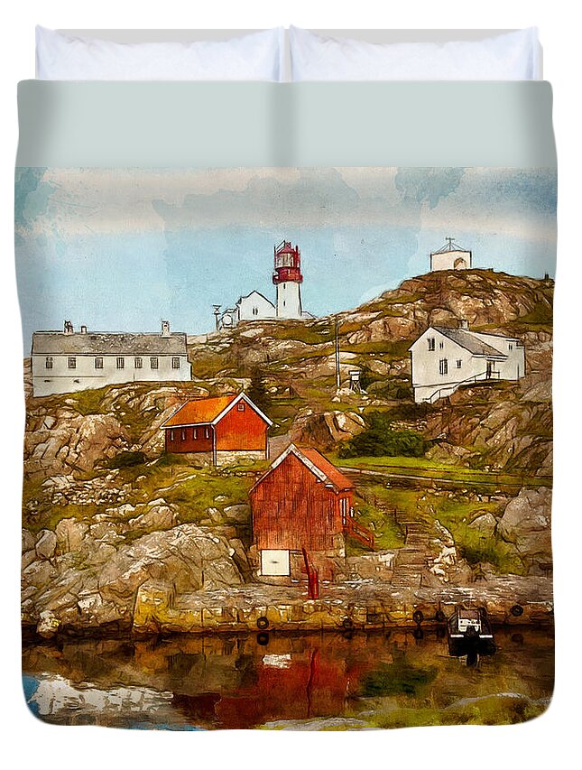 Lighthouse Duvet Cover featuring the painting Lindesnes Lighthouse by Kai Saarto