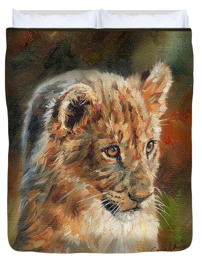 Lion Duvet Cover featuring the painting Lion Cub Portrait by David Stribbling
