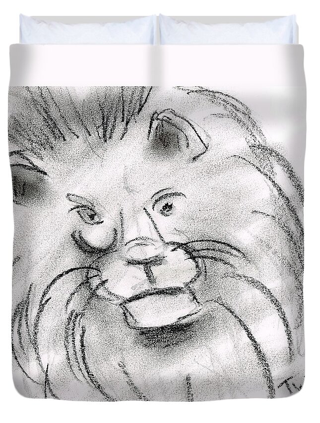 Large Lion Print Duvet Cover featuring the drawing Lion by Dan Twyman