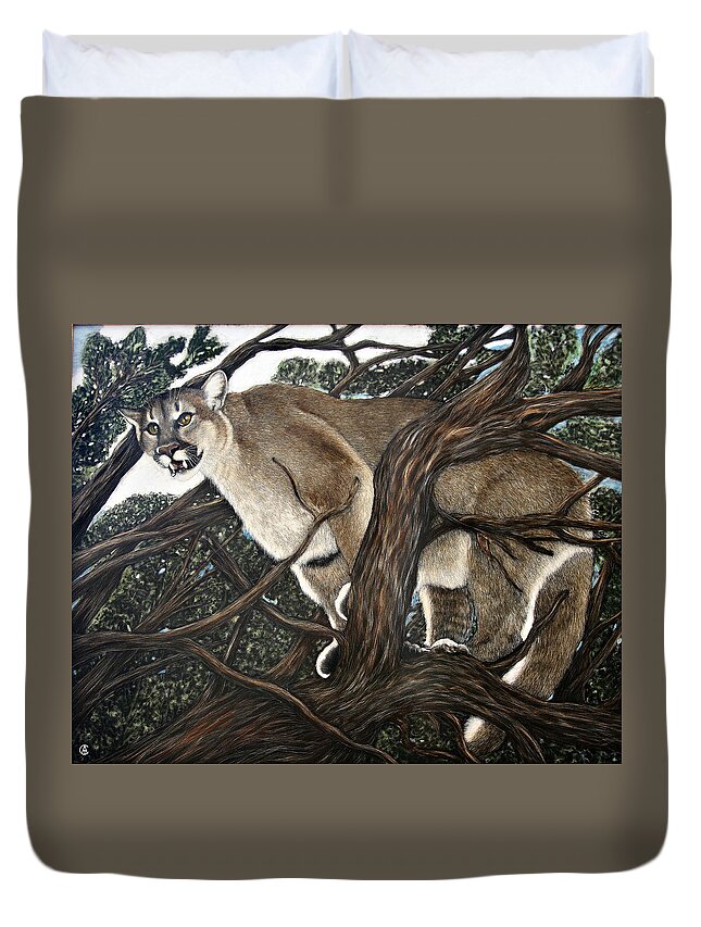 Lion Duvet Cover featuring the painting Lion in the tree by Angie Cockle