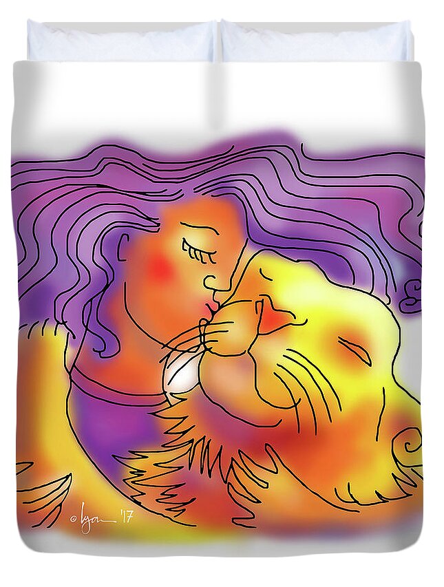 Dogs Duvet Cover featuring the drawing Lion Kiss by Angela Treat Lyon