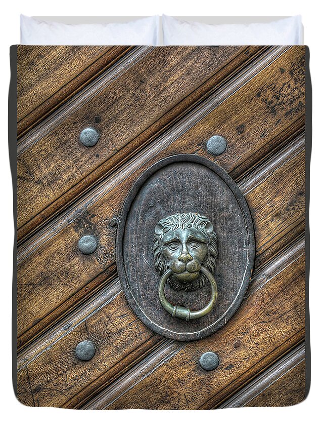 Duvet Cover featuring the photograph Lion Knocker by Michael Kirk