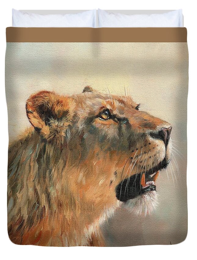 Lioness Duvet Cover featuring the painting Lioness Portrait 2 by David Stribbling