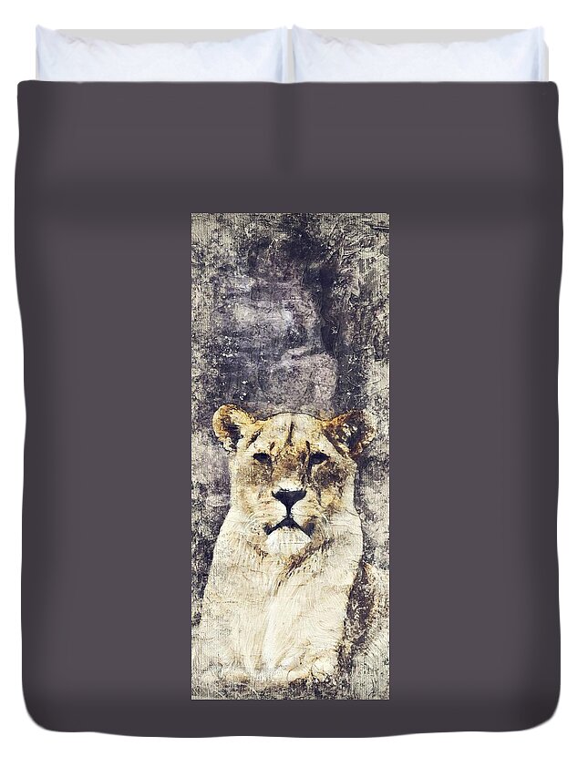 Animal Duvet Cover featuring the painting Lioness, the queen of the forest by Adam Asar by Celestial Images