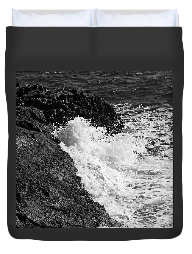 Abstract Duvet Cover featuring the photograph Menorca north shore - Liquid white by Pedro Cardona Llambias