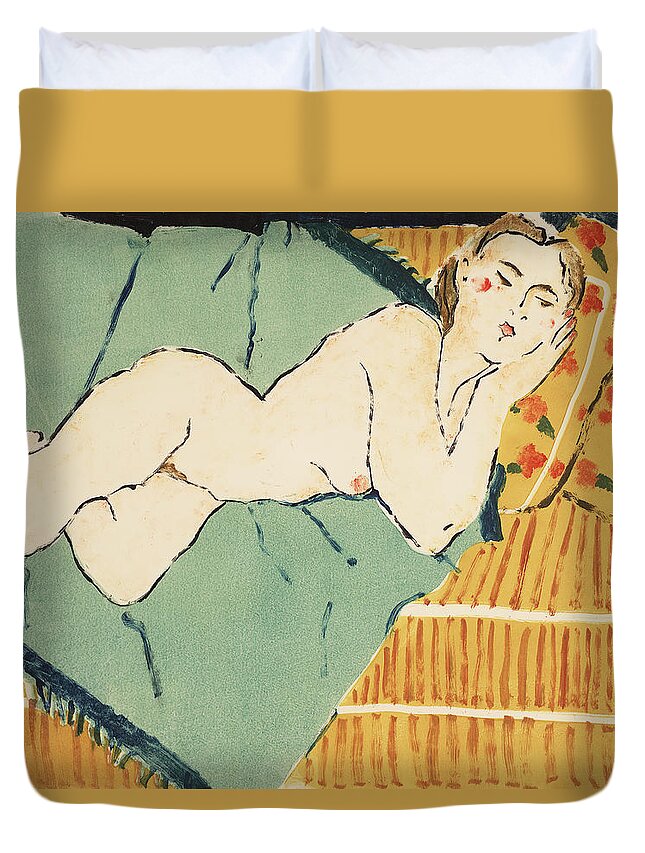 Figure Duvet Cover featuring the painting Lisa on a Green Throw by Thomas Tribby