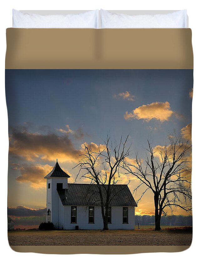 Sunset Duvet Cover featuring the photograph Little Church On The Prairie by Theresa Campbell