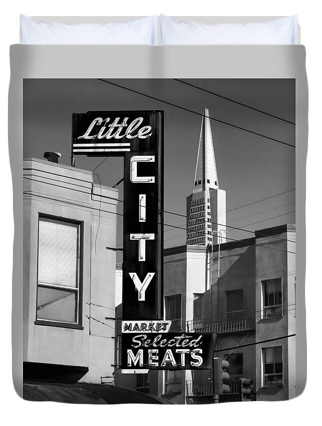 Bonnie Follett Duvet Cover featuring the photograph Little City Market North Beach San Francisco BW by Bonnie Follett