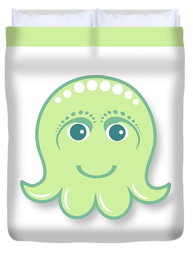 Little Octopus Duvet Cover featuring the digital art Little cute green octopus by Ainnion