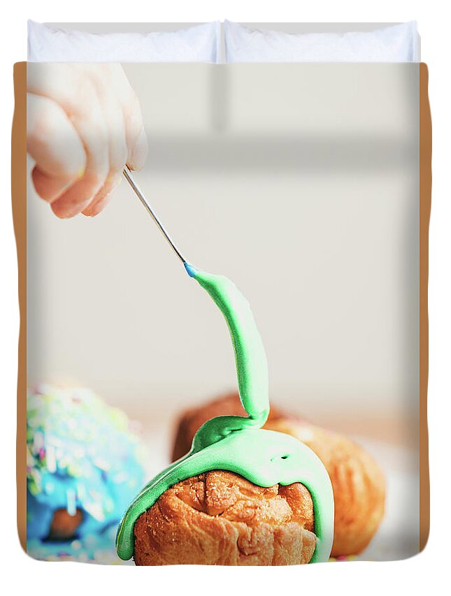 Food Duvet Cover featuring the photograph Little doughnut with pastel green frosting by Michal Bednarek