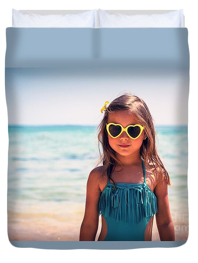 Activity Duvet Cover featuring the photograph Little girl on the beach by Anna Om