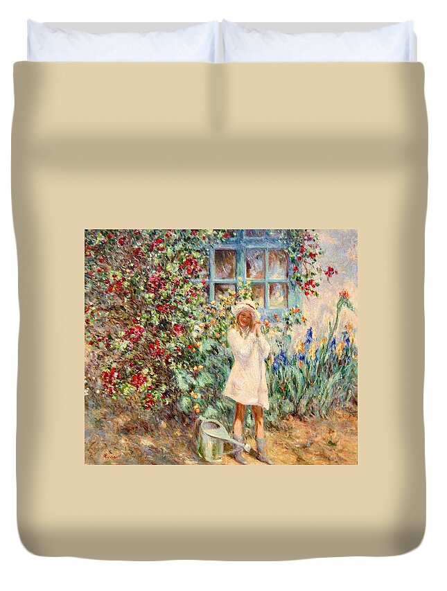Little Girl With Roses Duvet Cover featuring the painting Little girl with roses by Pierre Dijk