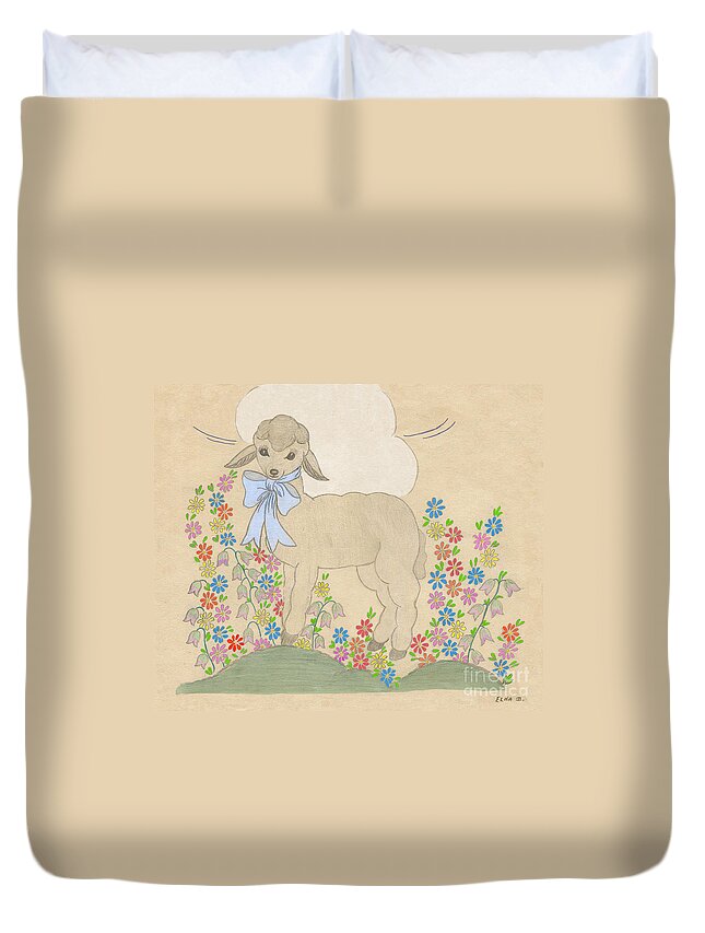Little Lamb Duvet Cover featuring the drawing Little Lamb Lightened by Donna L Munro