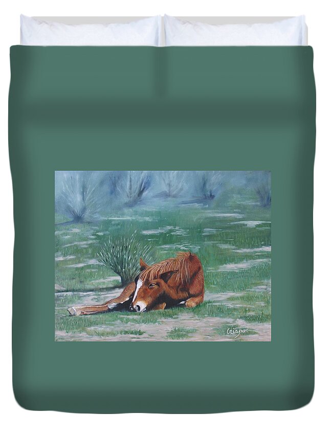 Horse Duvet Cover featuring the painting Little nap by Jean Yves Crispo