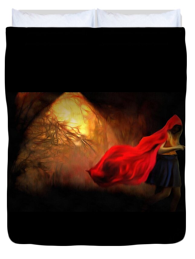 Little Red Riding Hood Duvet Cover featuring the digital art Little Red Riding Hood in the Woods by Caterina Christakos