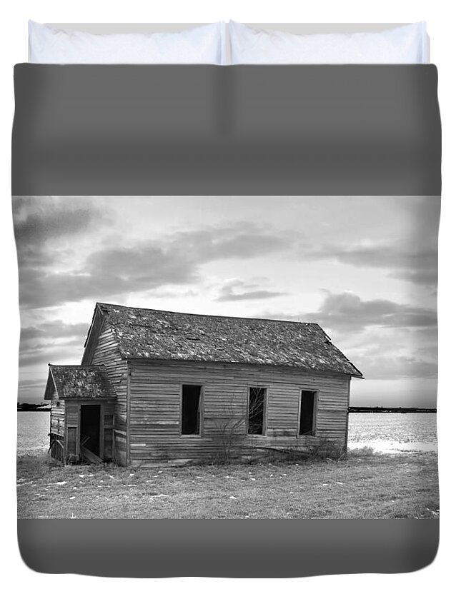 Abandoned Duvet Cover featuring the photograph Little School On The Prairie BW by Bonfire Photography