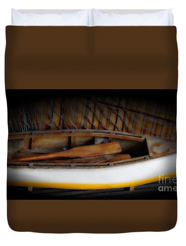 Wooden Model Boat Duvet Cover featuring the photograph Little White and Yellow Model Boat by Lilliana Mendez