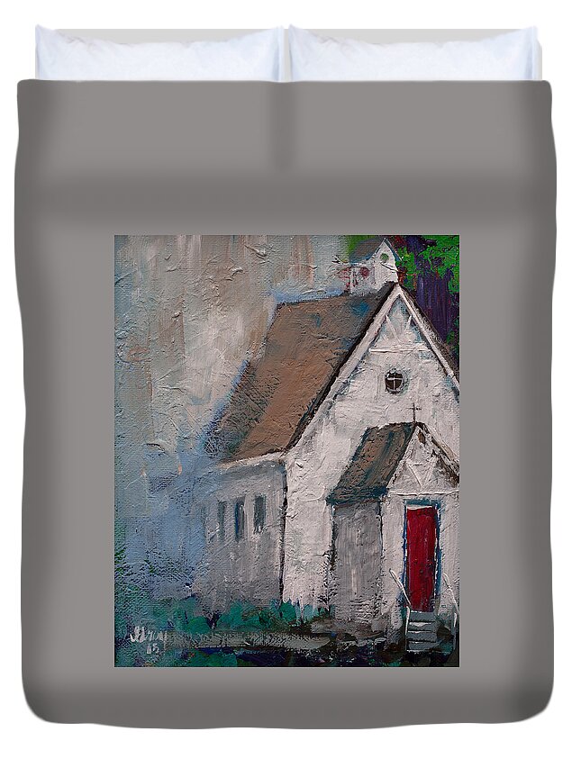 White Church Painting Duvet Cover featuring the painting Little White Church on the Corner Christian Painting by Gray Artus