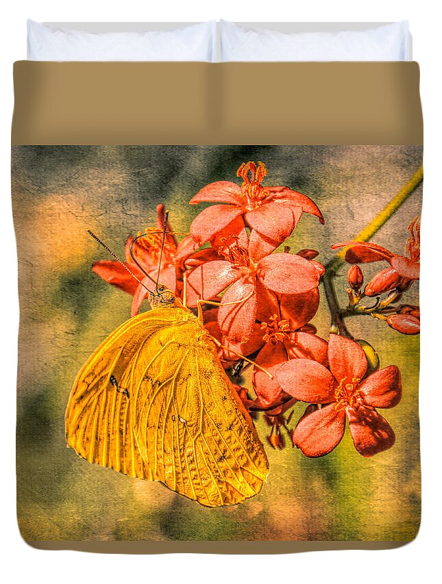 Butterfly Duvet Cover featuring the photograph Little Golden Butterfly in Grunge by Rosalie Scanlon