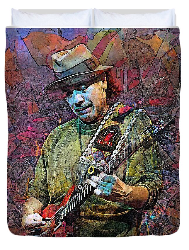 Carlos Santana Duvet Cover featuring the mixed media Live Your Light by Mal Bray