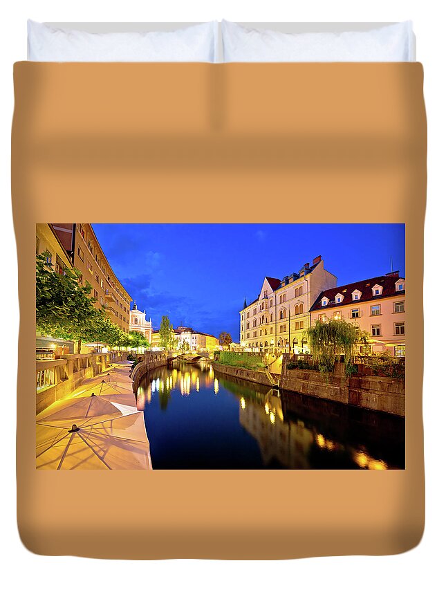 Ljubljana Duvet Cover featuring the photograph Ljubljanica river waterfront in Ljubljana evening view by Brch Photography