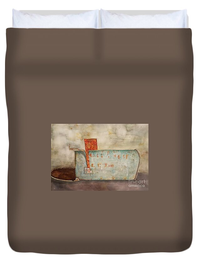 Rust Duvet Cover featuring the painting LL Bean Rusty Mailbox by Lisa Debaets