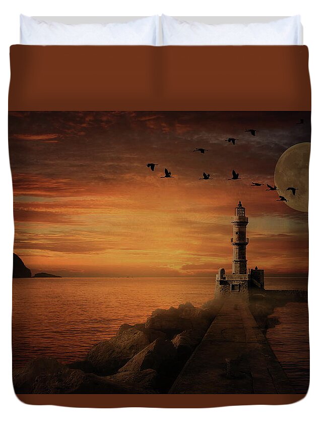 Light House Duvet Cover featuring the photograph Llight House by Moonlight by Andrea Kollo