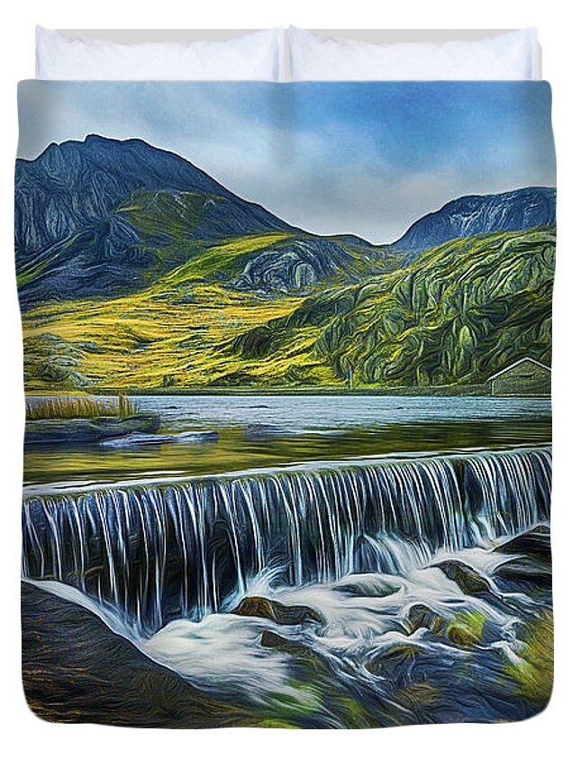 Landscape Duvet Cover featuring the mixed media Llyn Ogwen Weir and Tryfan by Ian Mitchell
