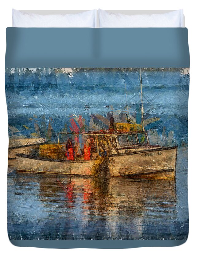 Salem Duvet Cover featuring the photograph Lobster man pulling in his lobster pots by Jeff Folger