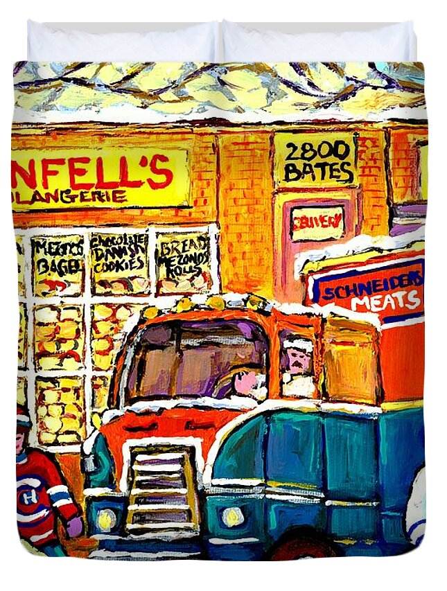 Montreal Duvet Cover featuring the painting Local Kosher Bake Shop Montreal Memories Hockey Art Winter Scene Deli Truck Canadian Art C Spandau  by Carole Spandau