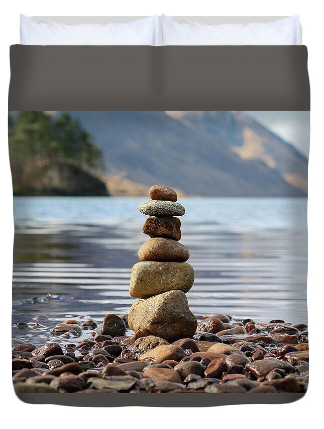 Stones Duvet Cover featuring the photograph Loch Shiel Stacked Stones by Holly Ross