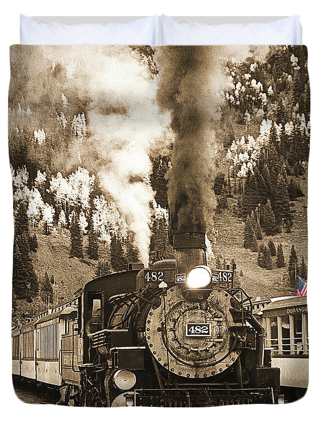 Train Duvet Cover featuring the photograph Locomotive To The Past Sepia, Durango Silverton Narrow Gauge, Colorado by Don Schimmel