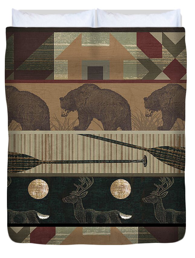 Bears Duvet Cover featuring the painting Lodge Cabin Quilt by Mindy Sommers