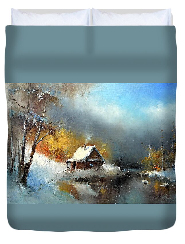 Russian Artists New Wave Duvet Cover featuring the painting Lodge in the Winter Forest by Igor Medvedev