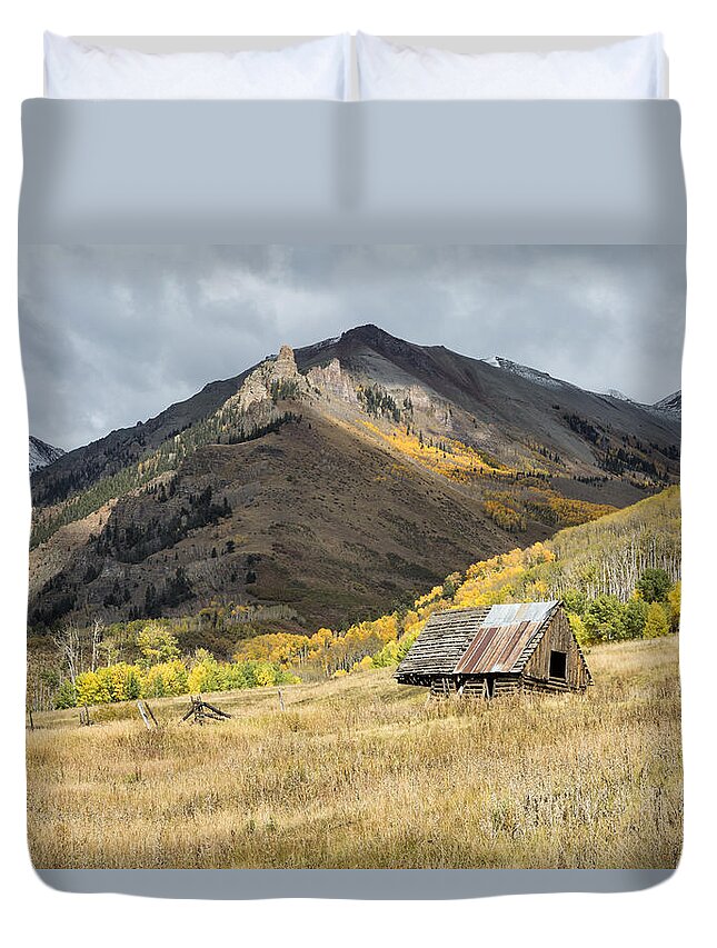 Autumn Duvet Cover featuring the photograph Log Barn In the Mountains by Denise Bush