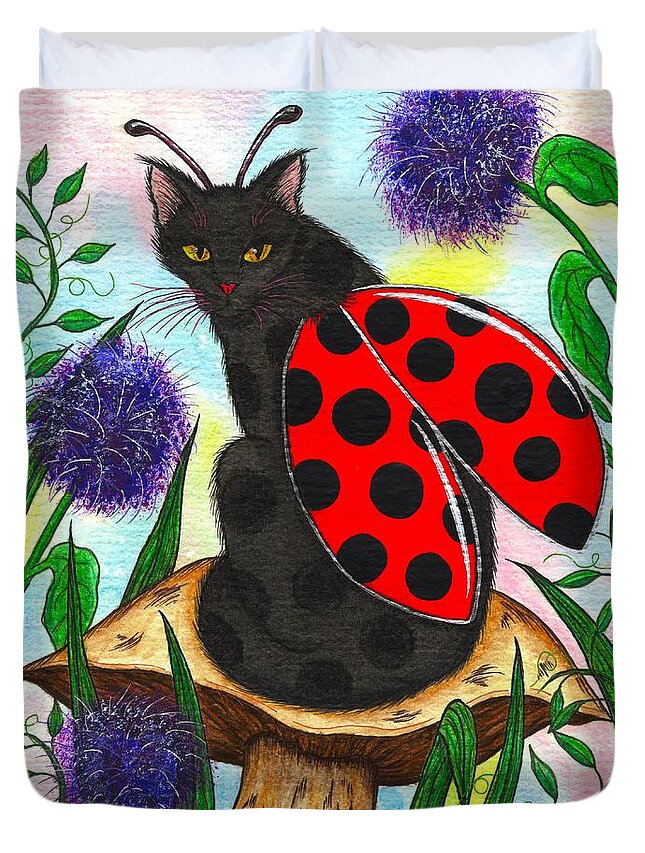 Ladybug Duvet Cover featuring the painting Logan Ladybug Fairy Cat by Carrie Hawks