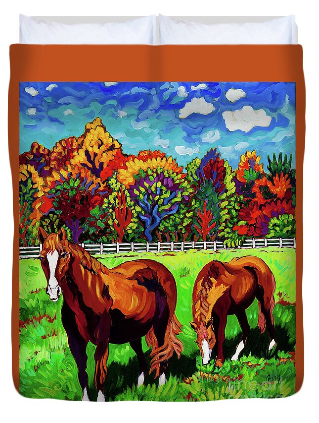 Horses Duvet Cover featuring the painting Lola and Xena by Cathy Carey