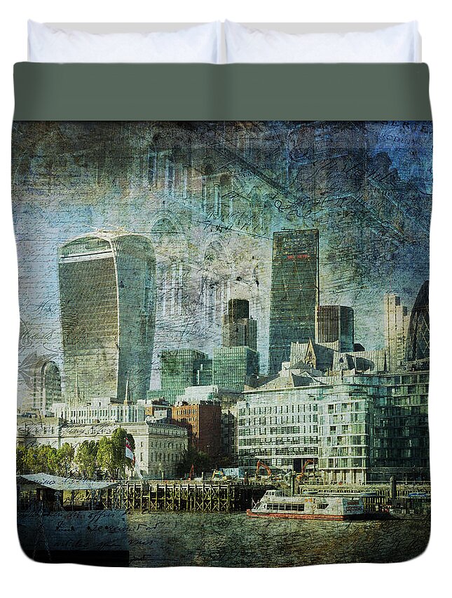 City-landscape Duvet Cover featuring the digital art London Skyline Key of Blue by Nicky Jameson