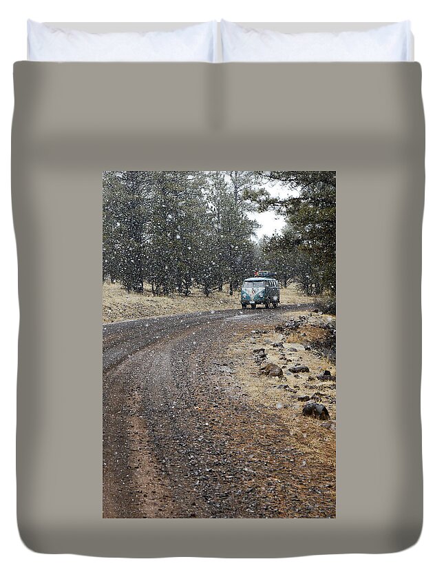 Bus Duvet Cover featuring the photograph Lone Bus On a Snowy Wooded Road by Richard Kimbrough