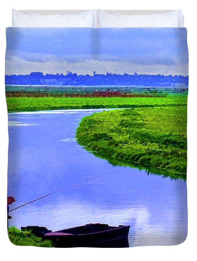 Rural France Duvet Cover featuring the photograph Lone Fisher by Rick Bragan