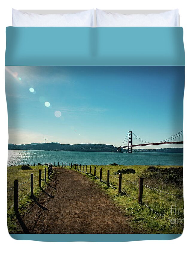 Bridge Duvet Cover featuring the photograph Lonely path with the golden gate bridge in the background by Amanda Mohler