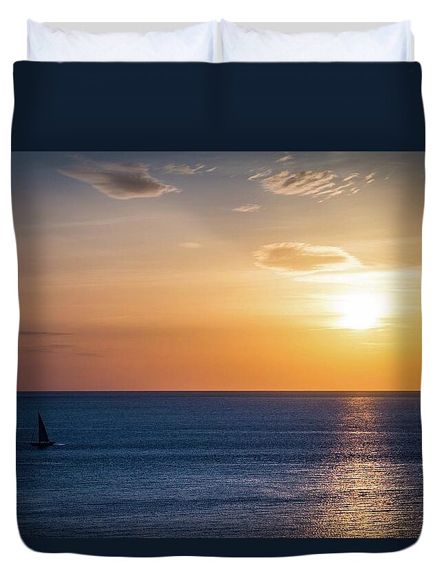 Sunrise Duvet Cover featuring the photograph Lonely Sailing by Larkin's Balcony Photography