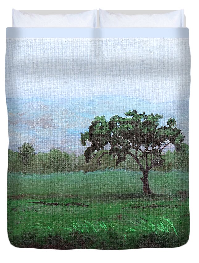 Sky Duvet Cover featuring the painting Lonely Tree by Masha Batkova