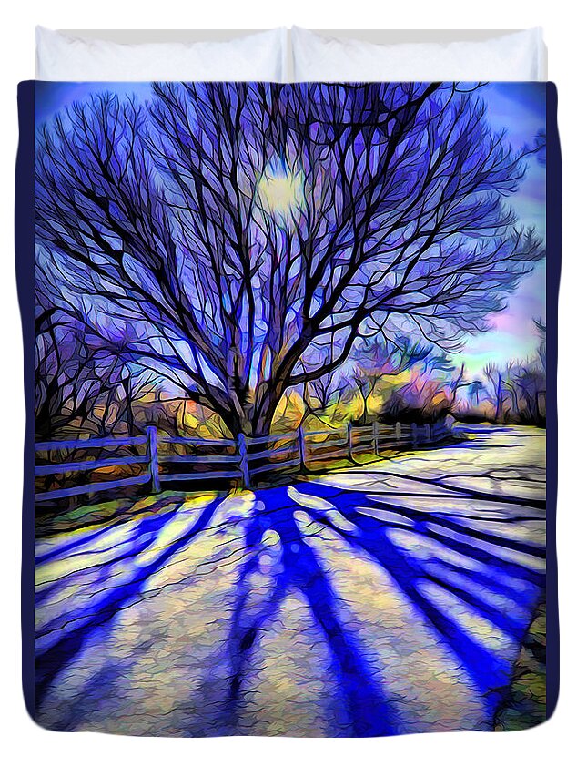 Colorful Tree Duvet Cover featuring the digital art Long afternoon shadows by Lilia D