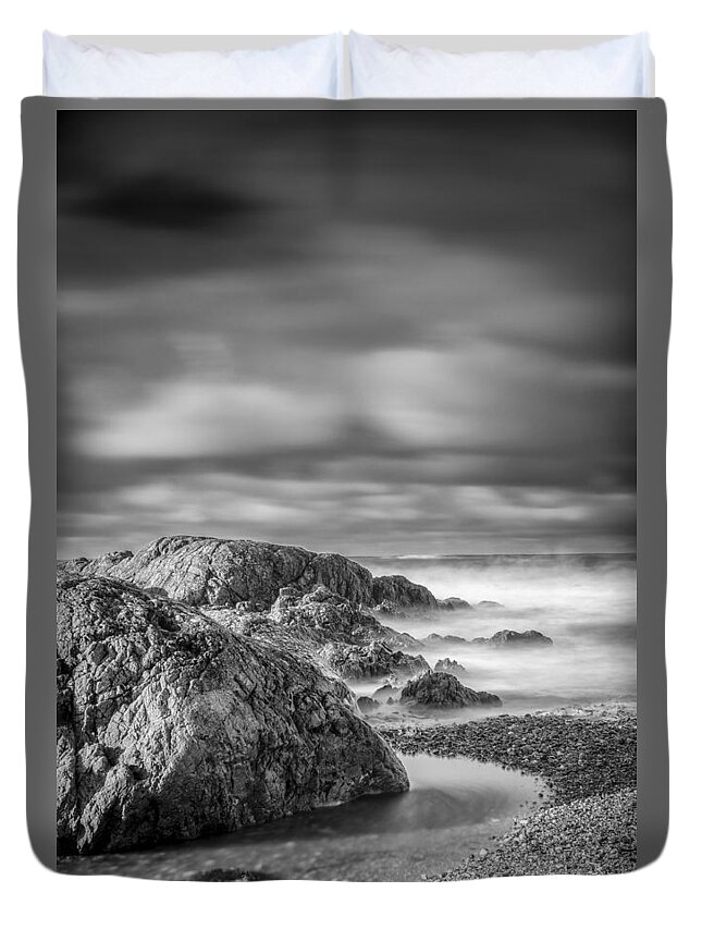 Europe Duvet Cover featuring the photograph Long exposure of a shingle beach and rocks by Neil Alexander Photography