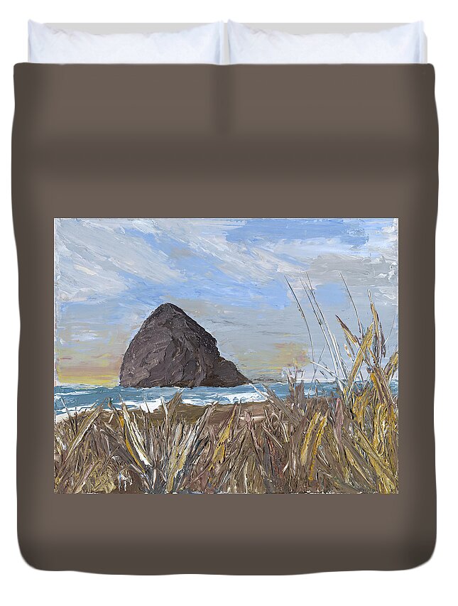 Seascape Duvet Cover featuring the painting Longing for the sounds of Haystack Rock by Ovidiu Ervin Gruia